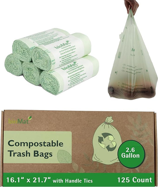 bioMat 2.6 Gallon Compostable Trash Bags with Handle Ties, 150 Count, Compost Bags for Garbage Bins, BPI ASTM D6400 and CMA Certified Trash Bags