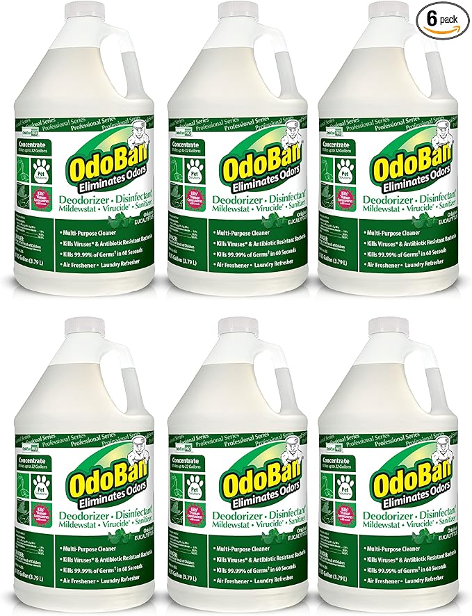 OdoBan Professional Disinfectant and Odor Eliminator Concentrate, 6-Pack, 1 Gallon Each, Original Eucalyptus Scent