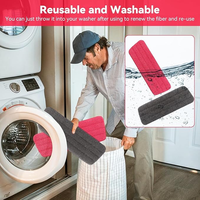 16.5 inch Microfiber Mop Pads for Rubbermaid Reveal Spray Mop and Any 16.5" Flat Mop - 6 Pack 13''-15'' Spray Mop Pad Reusable Washable Replacement Refills - Red & Grey
