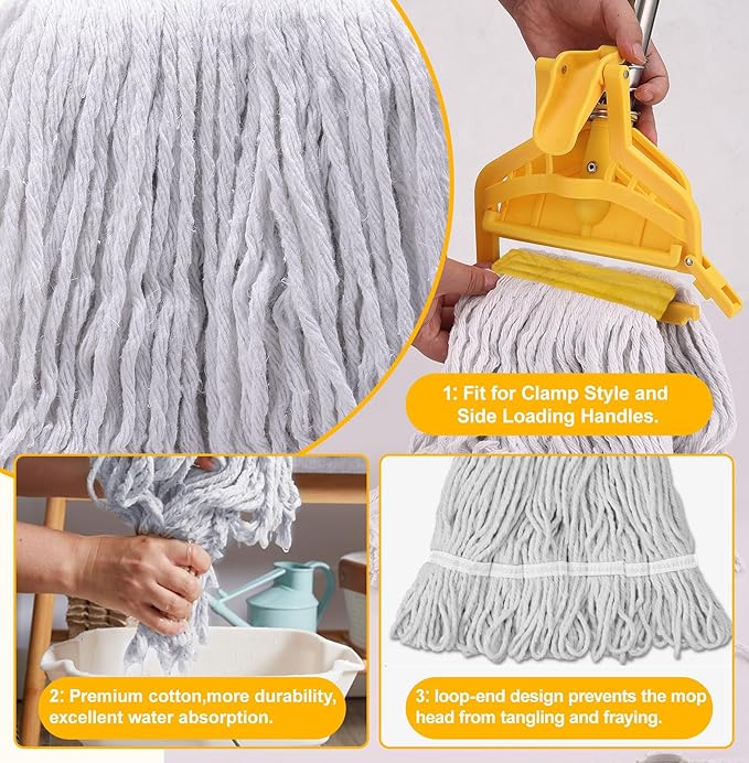 61 inch Mop Handle, Commercial Industrial Heavy Duty String Mop Floor Cleaner, Wet Mop with Long Adjustable Stainless Handle for Home, Garage, Office, Courtyard, Warehouse Floor Cleaning