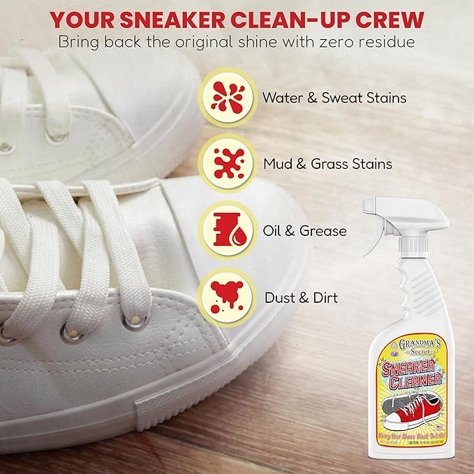 Grandma's Secret Shoe Cleaner - Stain Remover Spray for Rubber, Canvas and Leather - Removes Dirt, Grime and Grass - Sneakers Cleaner for Outdoor Shoes, Slippers and Moccasins 16 oz