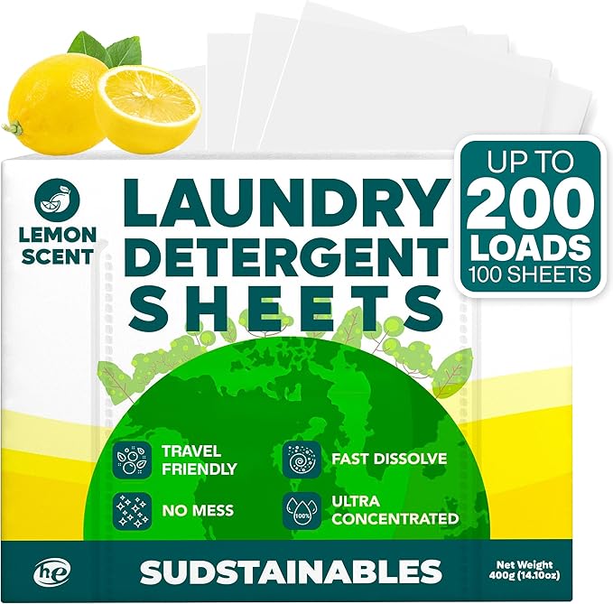 Sudstainables Laundry Detergent Sheets 200 Loads – Dissolvable Laundry Sheet for Washing Machines, Compact Alternative to Liquid & Powder Detergent, Travel-Friendly Soap | Lemon