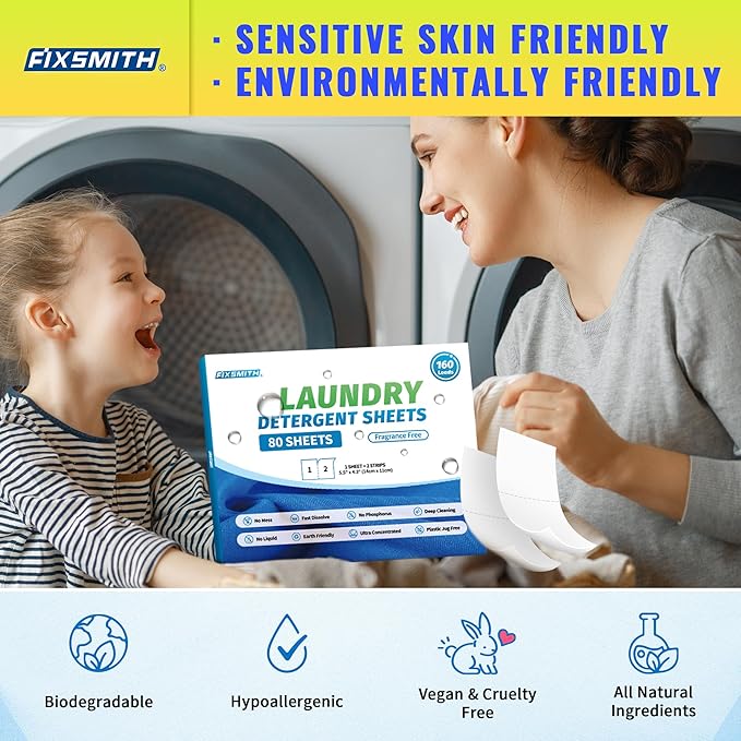 FIXSMITH Laundry Detergent Sheets - 160 Loads (80 Sheets) Fragrance Free - Hypoallergenic,Unscented,Eco Friendly Laundry Detergent Strips Concentrated Travel Detergent Sheets.Plastic-Free,Liquidless
