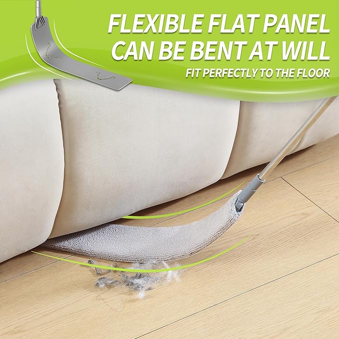 Skinny Duster with Extension Pole for Under Furniture, Under Appliance Cleaning Tool with 3 Microfiber Dusting Cloths, Retractable Flat Duster for Under Refrigerator, Tight Spaces, Gap