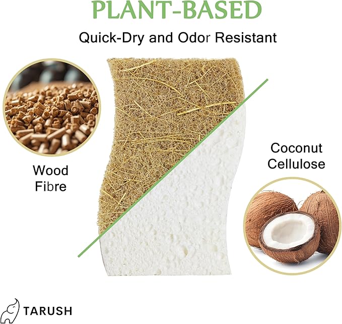 Tarush Natural Kitchen Sponges - Biodegradable Dish Scrubbers and Scouring Pads for Non-Scratch Scrubbing, Eponge Vaisselle and Eponge Melamine for Eco-Friendly Cleaning of Dishes, White/Brown