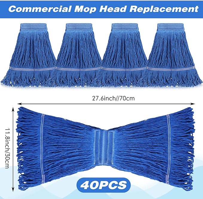 Nuogo 40 Pcs Commercial Mop Head Replacement Heavy Duty Mop Head Refill Wet Industrial Looped End String Cotton Mop Heads Bulk for Home Industrial Commercial Cleaning Supplies, Blue