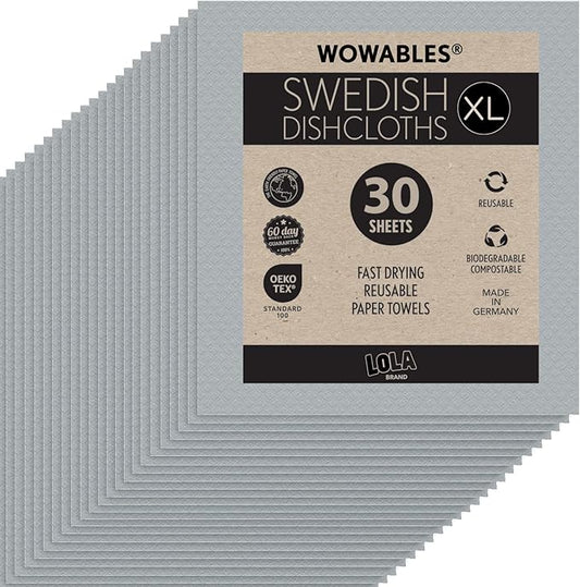 LOLA Wowables XL Swedish Dishcloths, 30 Reusable Eco Cleaning Cloths, 11" x 10", Ultra Absorbent Cellulose Sponge Towel, Compostable, Made in Germany