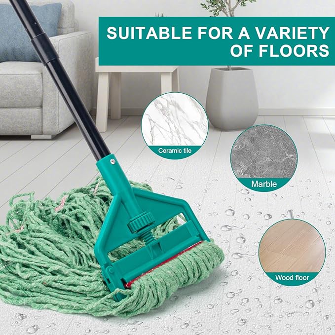 KeFanta 60 Inch Loop-End String Mop Heavy Duty Commercial Mops for Floor Cleaning,Industrial Cotton Wet Mop with Extra Mops Head Replacement(Green)