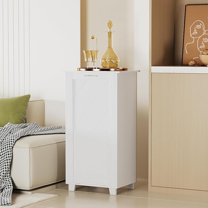 VECELO Tilt Out Kitchen Trash Bin Cabinet, Dog Proof Garbage Can with Wood Holder Free Standing Recycling, White