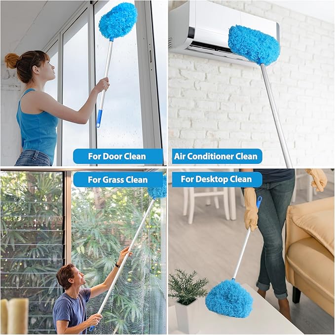 Ceiling Fan Cleaner Duster High Ceiling Extended Fan Blade Cleaner from 13 to 50 Inch Reusable Microfiber Ceiling Fan Duster with Extension Handle for Furniture Bookshelves Wall Door (Blue)