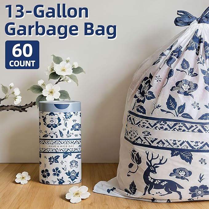 13 Gallon Trash Bags Drawstring, 60 Counts Tall Kitchen Trash Bags, Sturdy Large Trash Bags, Colored Garbage Bags 13 Gallon Tall Kitchen, Tear Resistant Kitchen Garbage Bags for Kitchen, Bathroom