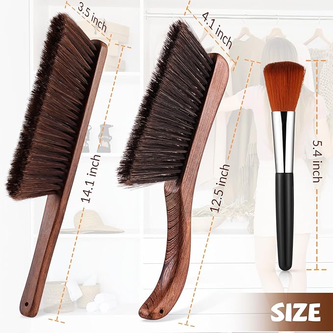 3 Pcs Wooden Hand Broom Set Counter Duster Dusting Bench Brushes Long Soft Bristles Handle Detail Brushes for Fireplace Car Home Bed Sofa Clothes Workshop Woodworking Hearth Rug Cleaning(3 Pcs A)