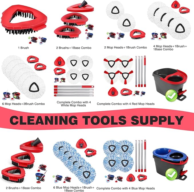 Mop Heads Replacements Complete Combo for O-Ceda,4Pcs White Machine Washable Microfiber Spin Mop Refills Replace Heads,1 Scrub Brushs,1 Base,1 Set Handle,Spin Mop Replacements for Tub and Tile