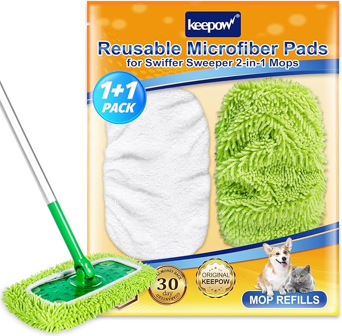 KEEPOW Reusable Dry Sweeping Cloths Compatible with Swiffer Sweeper, Wet Mopping Cloths Washable Microfiber Mop Pads Refills for Hard-Surface/Hardwood Floor Cleaning, 2-Pack (Mop is Not Included)