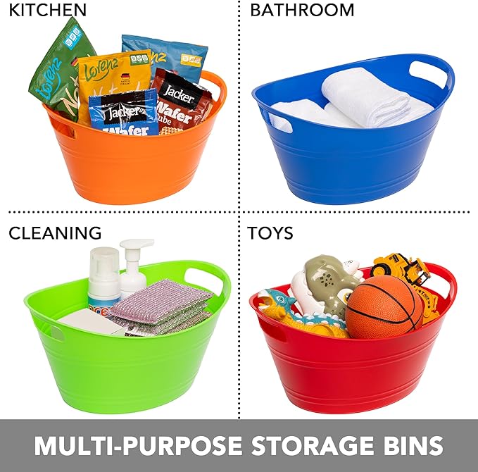 Tiawudi 6 Pack Ice Buckets with Handles, Ice Drink Tub for Party & Bar, Wine Beer Champagne Beverage Bottle Cooler, Plastic Storage Tub, Oval Storage Basket for Home, 4.5 Liter Each, Multi-Color