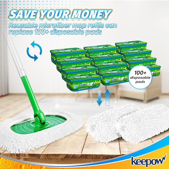 KEEPOW Reusable Microfiber Mop Pads Compatible with Swiffer Sweeper, Dry Sweeping Cloths, Washable Wet Mopping Cloth Refills for Hardwood Floor Cleaning, 4 Pack