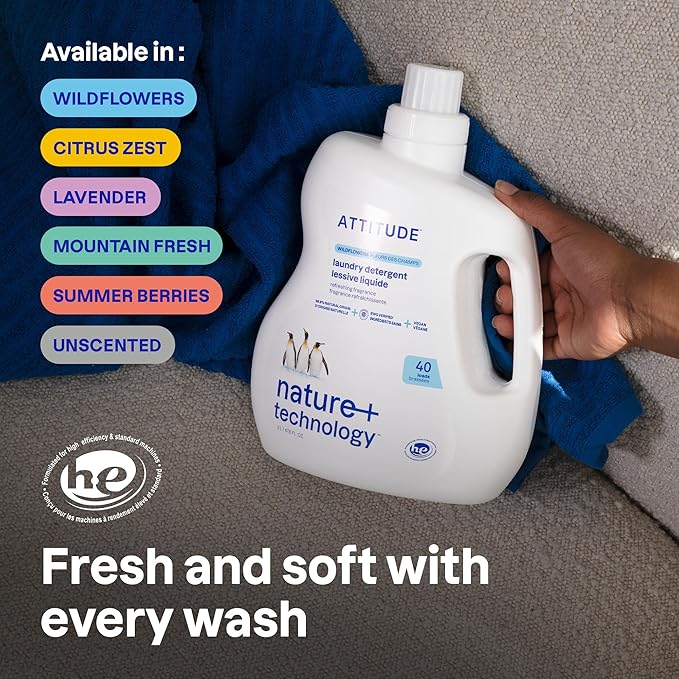ATTITUDE Liquid Laundry Detergent, EWG Verified, HE Compatible, Plant-Based & Vegan, Natural Laundry Soap, Citrus Zest Scent, 40 Loads, 67.6 Fl Oz