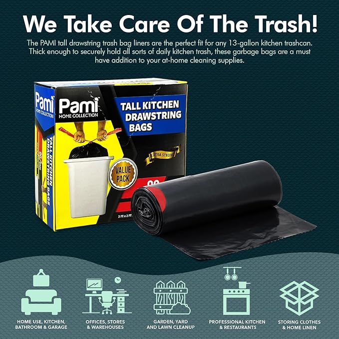 PAMI Tall 13-Gallon Kitchen Drawstring Trash Bags [80-Pack, Black] - Extra-Strong Plastic Garbage Bags- Thick Trash Can Liners For Kitchen, Bathroom & Outdoor Bins- 2ft x2ft Unscented Trash Bags