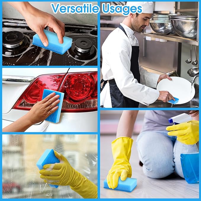 Tioncy 100 Pcs Individually Wrapped Sponges Kitchen Bulk Blue Dish Non Scratch Scrub Sponges Dual Sided Cleaning Dish Scrubber for Washing Dishes, Pots, Pans, Sinks, Stoves, Appliances, Car, Bike