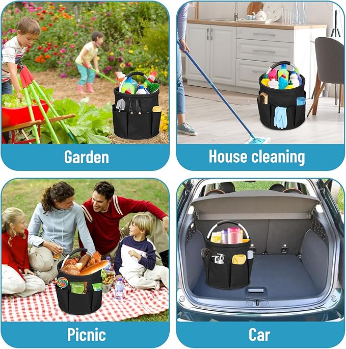 Cleaning Caddy with Handle, 17L Cleaning Supply Caddy Foldable Bucket Organizer Cleaning Products Organizers Cleaning Tools Bag 4.5 Gallon (Black)