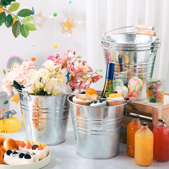 Zopeal 6 Pcs Large Metal Bucket Beer Bucket Galvanized Steel Pail with Handle for Gifts Basket Ice Candy Party (9.5 x 8.67 x 6.5 Inch,Silver)