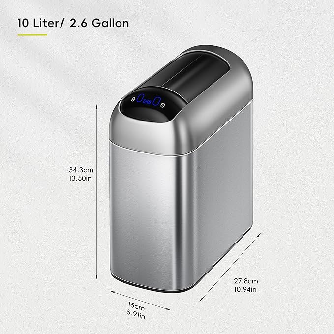 EKO Astro Slim Sensor Trash Can, 10L / 2.6 Gallon Touchless Garbage Bin with Soft-Close Butterfly Lid, Motion Sensor Stainless Steel Trash Can for Bathroom, Kitchen and Office, Waterproof