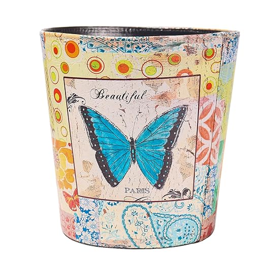 PU Leather Small Trash Can Wastebasket, Round Garbage Container Basket for Bathrooms, Laundry Room, Kitchens, Offices, Kids Rooms, Bedrooms,Dorms,Home Decorative Art Bin, 2.9 Gallon(Blue Butterfly)