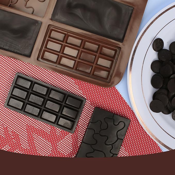 Chocolate Bar Mold Silicone with 6 Pattern, 2 Pcs 0.3-Inch-Deep Break-Apart Chocolate Molds for Homemade Protein and Energy Bar, Small Silicone Molds for Wax Melts/Candle/Resin, Jigsaw Shape