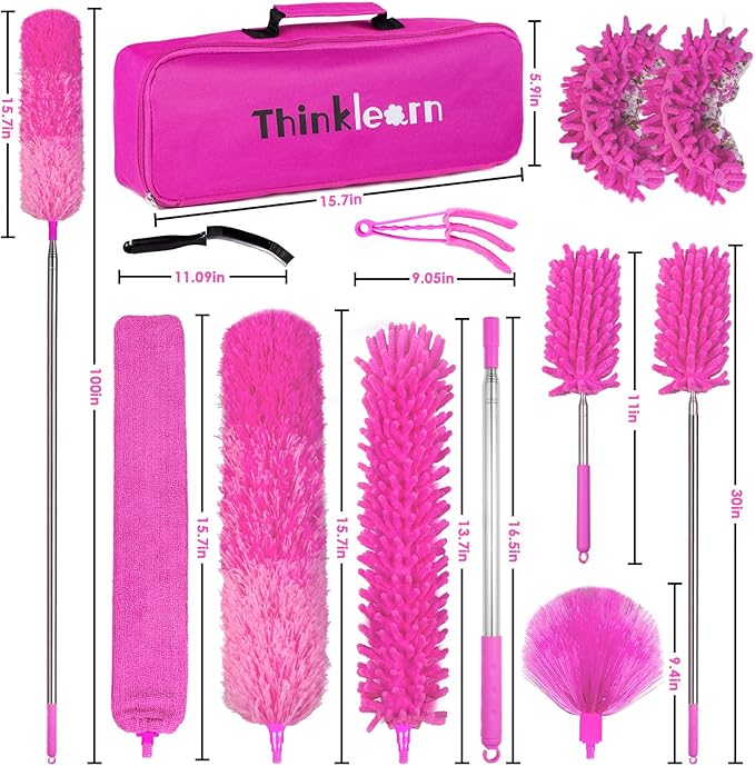 ThinkLearn Microfiber Dusters for Cleaning,14PCS Feather Dusters with Extension Pole,Bendable Washable and Extendable Duster for High Ceilings, Fans and Blinds House Cleaning Kit Pink Gift for Women