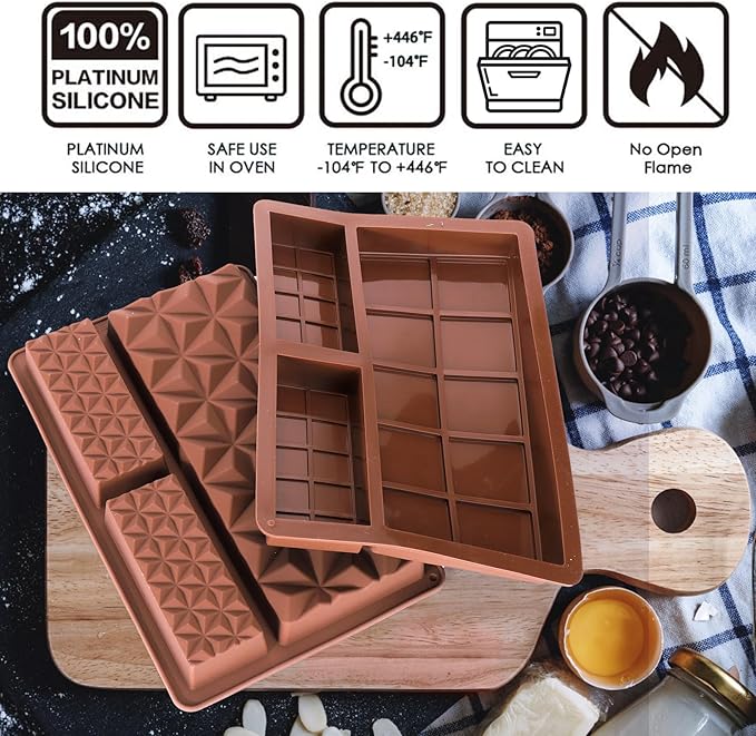 Palksky Chocolate Bar Mold Deep, 2Pack Silicone Chocolate Molds with Grid & Diamond Shapes for Homemade Chocolates, Silicone Molds for Making Pistachio Chocolate Bars, Treats & Desserts