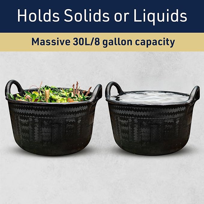 Large Bucket with Handles - 30L/8-Gal Natural Rubber Bucket - Multi Use Yard Waste Bin, Harvesting Basket for Gardening, or Utility Tub for Soaking and Washing Laundry by Kings County Tools (Black)