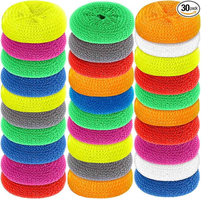 Blulu Plastic Dish Scrubbers for Dishes Pot Round Nylon Pad, Mesh Scouring Non Scratch Pads(Rainbow Colors,30 Pieces)