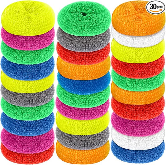 Blulu Plastic Dish Scrubbers for Dishes Pot Round Nylon Pad, Mesh Scouring Non Scratch Pads(Rainbow Colors,30 Pieces)