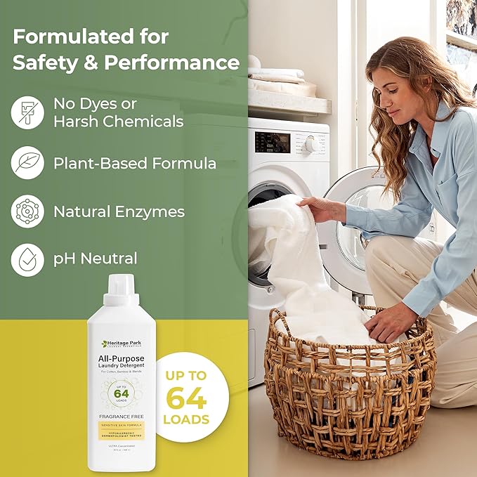 Heritage Park Luxury Laundry Detergent | Dermatologist Tested Plant based Natural & Enzyme Laundry Detergent | Sensitive Skin Friendly - Fragrance Free (32 fl oz)