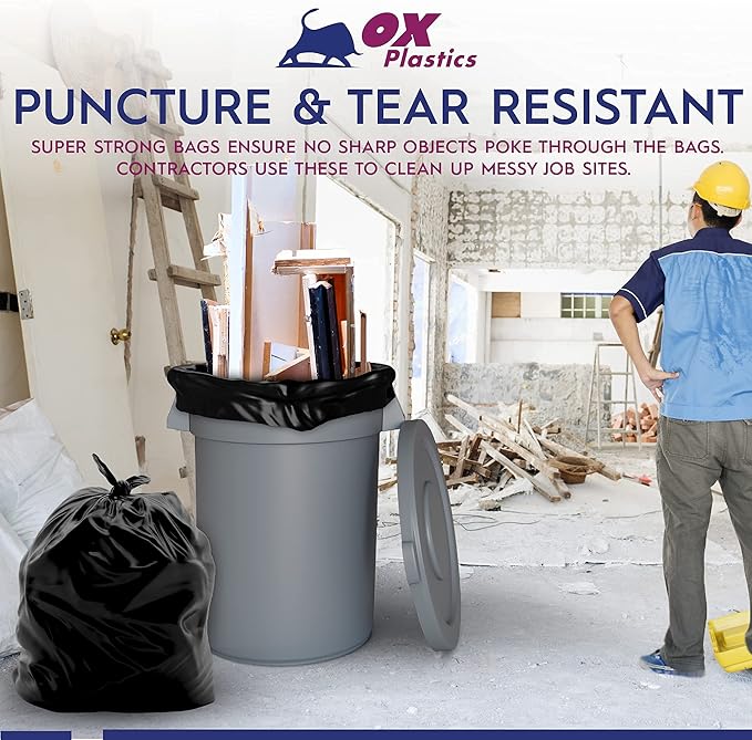 55 Gallon Trash Can Liners Bags - (50 Count) Capacity & 2mil Thick Extra Heavy Duty Strength - Large Garbage, Leak-Proof & Durable, House & Commercial Use Bags Black