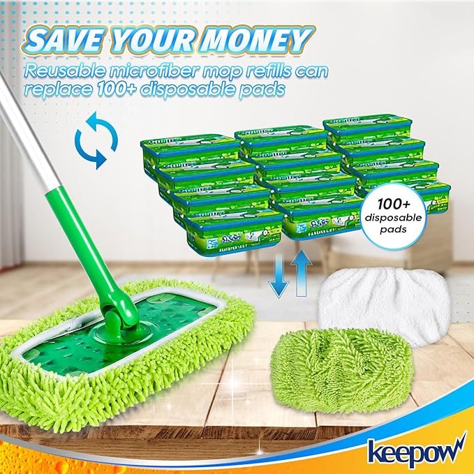 KEEPOW Reusable Dry Sweeping/Wet Mopping Cloths Compatible with Swiffer Sweeper, Washable Microfiber Mop Pads Refills for Hard-Surface/Hardwood Floor Cleaning, 4-Pack (Mop is Not Included)