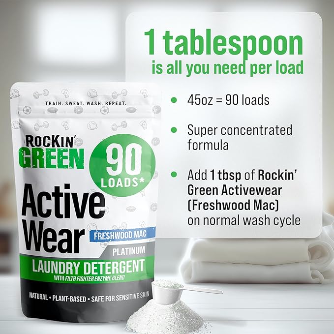Rockin' Green Laundry Detergent, Plant based, All Natural Laundry Detergent Powder, Vegan and Biodegradable Odor Fighter, Safe for Sensitive Skin (Active Wear 90 Loads - Freshwood Mac)