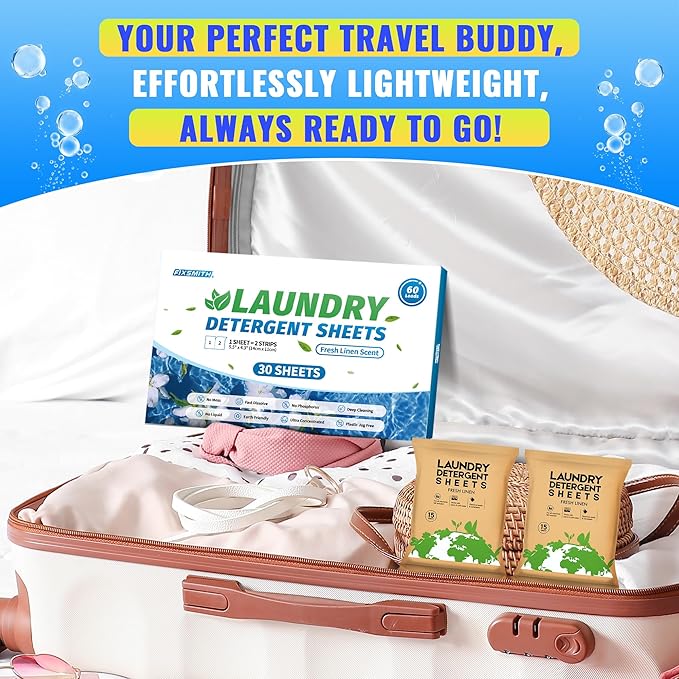 FIXSMITH Laundry Detergent Sheets - 60 Loads (30 Sheets) Fresh Linen Scent - Hypoallergenic,Eco Friendly Laundry Soap Sheets Ultra-Concentrated Travel Detergent Sheets.Plastic-Free,Liquidless.