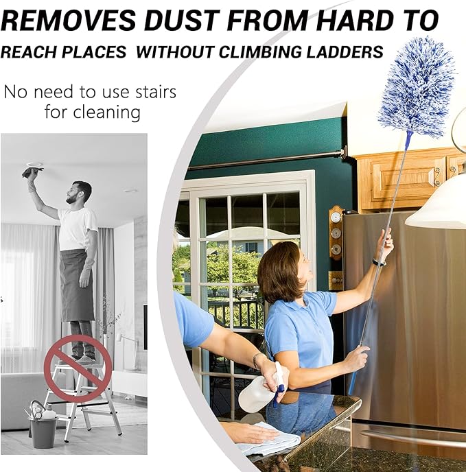 Extendable 20-49inches Microfiber Feather Duster with 3pcs Replaceable Bendable Heads, Extra Long Duster for Cleaning, Electrostatic Dust Remove for Ceiling, Fan, Window, Bookshelves (Navy Blue)