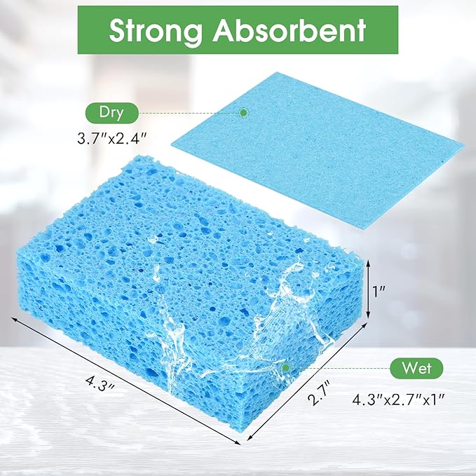 12 PCS Dish Sponges Kitchen, Non Scratch Cleaning Sponge for Non Stick Cookware, Natural Compressed Cellulose Wash Scrub for Household Bathroom, Soft Washing Scrubbers (Blue)