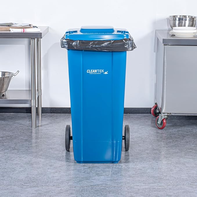 Restaurantware-Clean Tek Professional 32 Gallon Trash Can With Wheels, 1 Garbage Can With Lid - Step-On Attachment Sold Separately, Rectangle, Blue Plastic Dustbin, Long-Lasting, For Outdoor