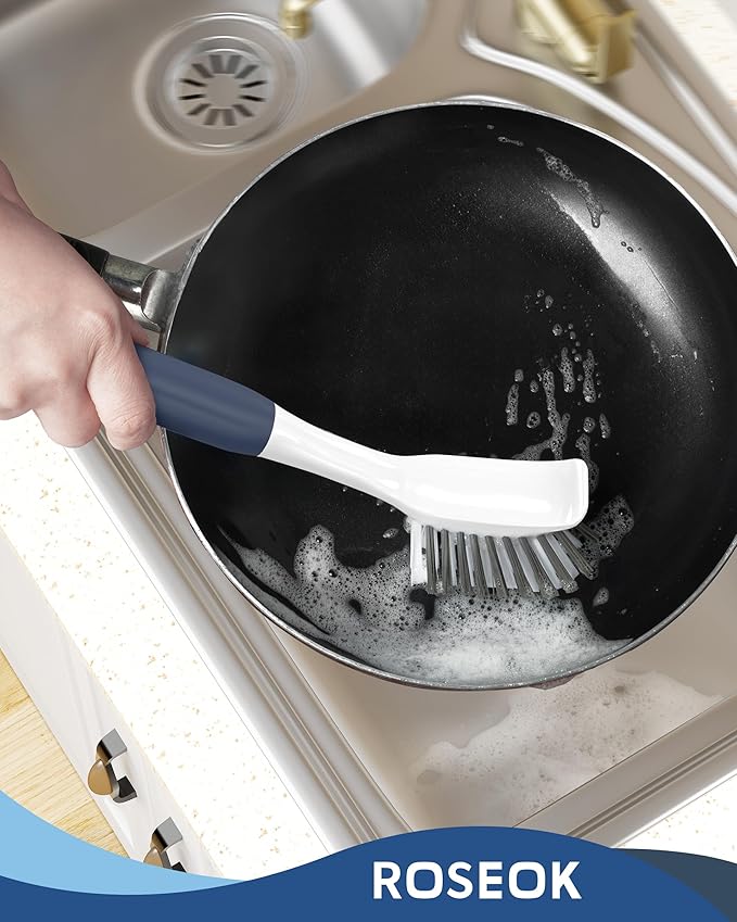 Dish Brush with Built-in Scraper,Kitchen Scrub Brush for Cleaning Dishes,Pots,Non-Stick Pans and Sinks,Navy Blue,2 Pack