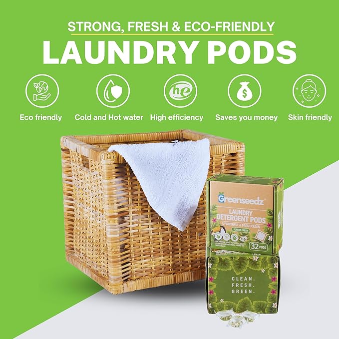 Laundry Detergent Pods, 32 Count, Fresh Scent, Eco Friendly, Biodegradable, HE Compatible, Powerful Stain & Odor Removal, Skin Friendly