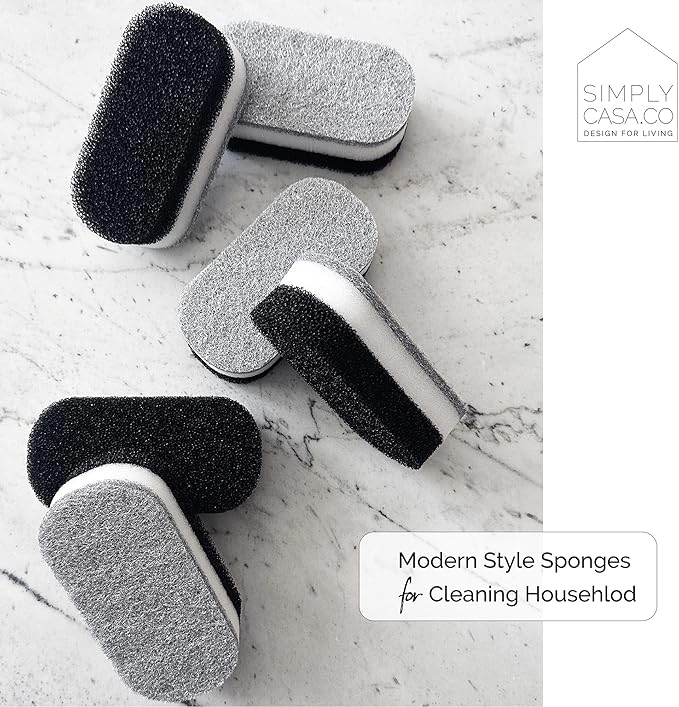 Kitchen Dish Cleaning Sponges - Pack of 6 | Non-Scratch & Fast-Drying | Reusable Scrubbers for Kitchen & Household Use | Stylish Black & White Design