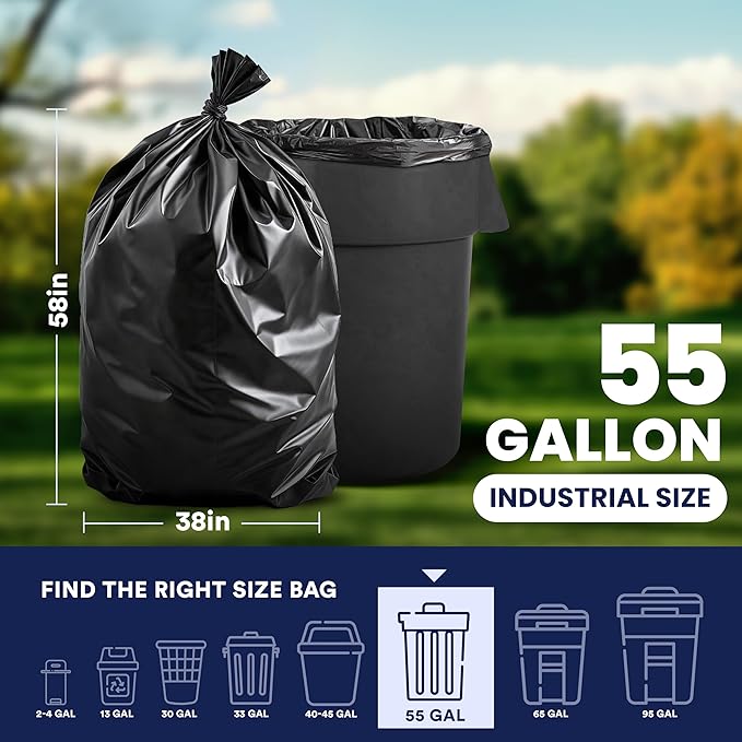 Plasticplace - W55LDBS1 55-60 gallon Trash Bags │ 1.7 Mil EQ │ Black Eco-Friendly Heavy Duty Garbage Can Liners │ 38” x 58” (100Count) Black