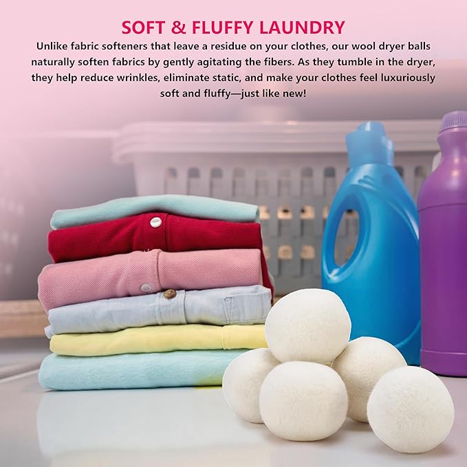 Wool Dryer Balls - XL Pack of 6 - Made from 100% New Zealand Wool - Natural Fabric Softener - Reusable, Eco-Friendly - Reduces Drying Time, Wrinkles, and Pet Hair.