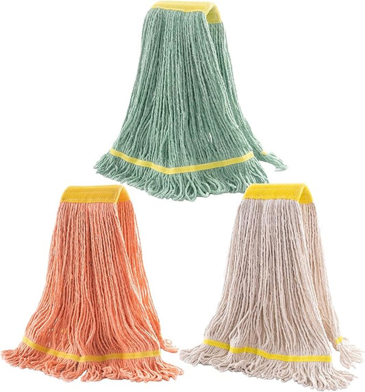 Matthew Cleaning 3Pcs 5'' Headband White&Orange&Green 24Oz Commercial String Mop Heads, Loop-End Mop Head Replacement, Heavy Duty Industrial Washable&Reusable Mop Refills for Residential& Warehouse