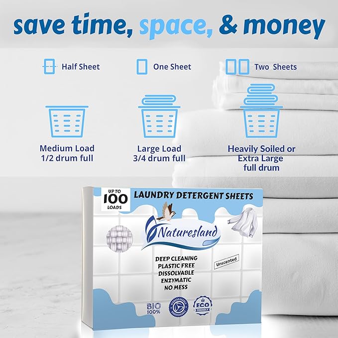 Premium Laundry Detergent Sheets Unscented - 100 Load Eco-Friendly Laundry Strips - Hypoallergenic, Zero-Waste, Plastic-Free - Ideal for Apartments, Dorms, Travel 50ct.