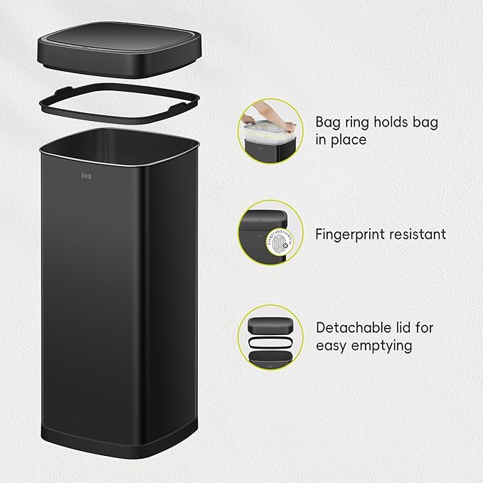 EKO EcoSmart 80L / 21.1 Gallon Motion Sensor Trash Can – Tall, Large Touchless Automatic Kitchen Garbage Bin with Soft-Close Lid for Home or Office, Brushed Stainless Steel, Matte Black