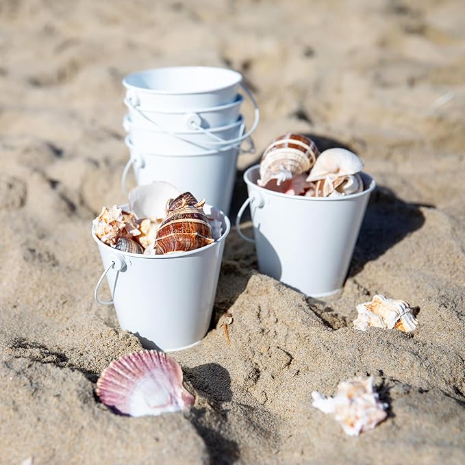 Small Metal Buckets with Handles - Leak-Proof Galvanized Pail - Multipurpose Tin Buckets for Party Favors, Organization, School, Weddings, Garden - Set of 6, White